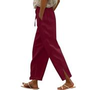 Womens Wide Leg Trousers with Elasticated Waist Summer Cropped Trousers Cotton for Ladies Lightweight with Drawstring Pockets Casual Palazzo Pants Loose Lounge Nightwear for Holiday Beach Work Red