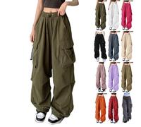 Womens Wide Leg Y2k Parachute Pants Baggy High Waisted Cargo Pants Lightweight Summer Casual Hip Hop Streetwear Grunge Punk Trousers Drawstring Solid Color Athletic Sweatpants with Pocket Khaki