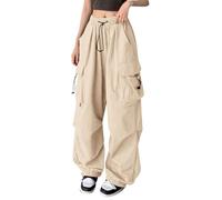Womens Wide Leg Y2k Parachute Pants Baggy High Waisted Cargo Pants Lightweight Summer Casual Hip Hop Streetwear Grunge Punk Trousers Drawstring Solid Color Athletic Sweatpants with Pocket Beige