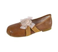 Women's Wide Width Ballet Flats with Floral Straps - Lightweight, Comfortable & Breathable Slip-On Shoes for Party, Wedding, Work, Casual, Driving Versatile Dress Footwear(Low Heel) Brown