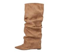 Womens Wide Width Cowboy Boots and Autumn Winter Pointed Pleated Hot Girl Boots Heel Not Above The Knee Straight Women's Mid Calf Boots Black Knee High Boots Women (Khaki, 4)