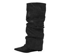 Womens Wide Width Cowboy Boots and Autumn Winter Pointed Pleated Hot Girl Boots Heel Not Above The Knee Straight Women's Mid Calf Boots Black Knee High Boots Women (Black, 6)