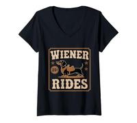 Womens Wiener Rides Funny Dachshund Doxie Weiner Weenie Dog Owner V-Neck T-Shirt