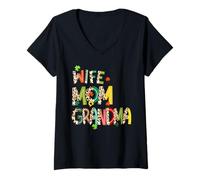 Women's Wife Mom Grandma Leopard Clover Design V-Neck T-Shirt