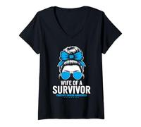 Womens Wife of a Survivor Prostate Cancer Awareness Messy Bun V-Neck T-Shirt
