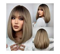 Women's Wig Bob Blonde Wig with Bangs Golden Brown Straight Shoulder Length Synthetic Wig for Women Heat Resistant Wig for Party Daily Wear Women's Wigs Hair Piece