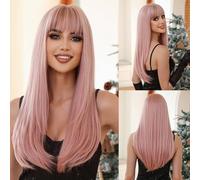 Women's wig Fashion wig Bangs gradient grey long straight hair chemical fibre high temperature silk wig head cover Wig(Light Pink)
