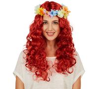 Womens Wig Hawaiian Curls Halloween Fancy Dress Outfit Costume incl. Flower Band