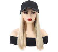 Women's Wig Knitted Hat,Winter Warm Knitted Hat,Baseball Cap with Hair Extensions Women Adjustable Hat with Synthetic Wig Attached 22in Long Curly Wavy Hairpiece(Black cap white)
