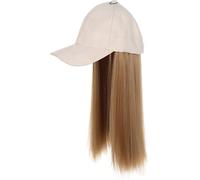 Women's Wig Knitted Hat,Winter Warm Knitted Hat,Baseball Cap with Hair Extensions Women Adjustable Hat with Synthetic Wig Attached 22in Long Curly Wavy Hairpiece(Beige Hat 22T)