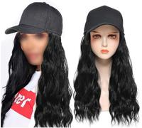 Women's Wig Knitted Hat,Winter Warm Knitted Hat,Baseball Cap with Hair Extensions Women Adjustable Hat with Synthetic Wig Attached 22in Long Curly Wavy Hairpiece(Black hat black)