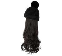 Women's Wig Knitted Hat,Winter Warm Knitted Hat,Women Autumn And Winter Wig Cap Knitted Woolen Cap Long Curly Hair Natural Full Head Wig Detachable Wig Hat(Black hat+black brown)