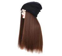 Women's Wig Knitted Hat,Winter Warm Knitted Hat,Women Winter Beanie Hat wig Knit with Long Straight/wig Wavy Curly Hair Wig Attached 23.6 Inch Synthetic Hairpiece(Dark brown)