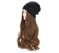 Women's Wig Knitted Hat,Winter Warm Knitted Hat,Women Winter Beanie Hat wig Knit with Long Straight/wig Wavy Curly Hair Wig Attached 23.6 Inch Synthetic Hairpiece(Linen B)