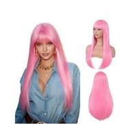 Women's Wig Ladies' Straight Bangs Wig And Headband Can Easily Change Styles Human Wigs(Pink)