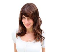 Women's Wig Long Wavy Chestnut Brown Highlighted Light Wetlook Bangs