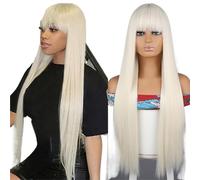 Women's Wig Wig, women's bangs mid split long straight hair set suitable for daily and party use Human Wigs(White)