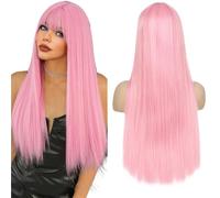 Women's Wig Wig, women's bangs mid split long straight hair set suitable for daily and party use Human Wigs(Pink)