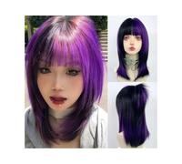 Womens wigs Black Green Purple Highlights Layered Short Straight Synthetic Wig with Bangs Fluffy Daily Party(Purple)