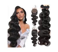 Women's wigs Body Wave Human Hair Bundles with Closure, 3 4 Bundles Wave Curly Hair Bundles with Lace Closure Free Part Brazilian Human Hair Weave Natural Color Bundles(5" x 5",10 10 10with10)