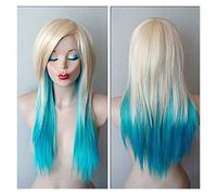 women's wigs Hair Replacement Wigs Long Straight Layered Haircut Synthetic Hair Women Ombre Wig Side Part Bangs Wig for Fashion,Blonde blue,24inches