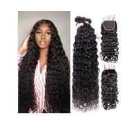 Women's wigs Water Wave 3 4 Bundles with Closure Brazilian Human Hair Wave Curly Weave Bundles with Frontal Natural Color Remy Hair Extension Bundles(4" x 4",26 26 28with20)
