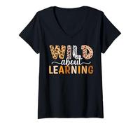 Womens Wild About Learning Back to School Teaching Students Teacher V-Neck T-Shirt