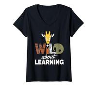Womens Wild About Learning Teacher Student Jungle Safari School V-Neck T-Shirt