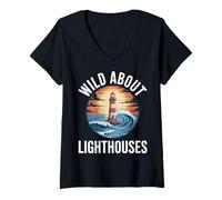 Womens Wild About Lighthouses Funny Lighthouse Waves V-Neck T-Shirt