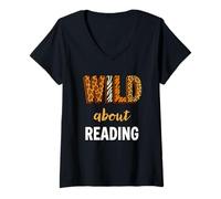 Women's Wild About Reading Bookworm Animal Print Library Lover V-Neck T-Shirt