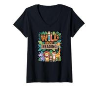 Women's Wild About Reading Jungle Animals Teacher V-Neck T-Shirt