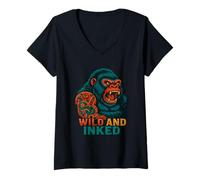 Womens Wild and Inked Tattoo Gorilla V-Neck T-Shirt
