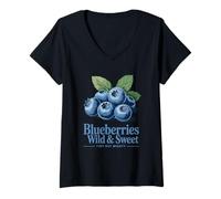 Womens Wild and Sweet Blueberries Tiny But Mighty Retro Look V-Neck T-Shirt