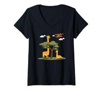 Women's Wild Animal Tall Giraffes Reaching The Sky Cute Giraffe V-Neck T-Shirt