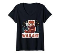 Women's Wild Art Red Panda Bamboo Grove Forest Stars V-Neck T-Shirt