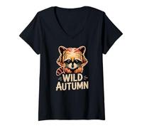 Womens Wild Autumn Raccoon Forest Scene Fall V-Neck T-Shirt