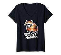 Womens Wild Autumn Raccoon Forest Scene Fall V-Neck T-Shirt