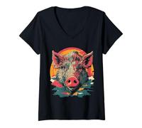 Womens Wild Boar Animal Graphic Artwork Wild Boar V-Neck T-Shirt