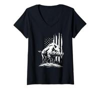 Womens Wild Boar Hunting American Flag Hog Hunting V-Neck T-Shirt