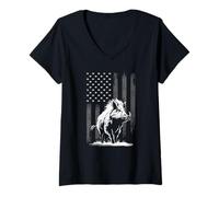 Womens Wild Boar Hunting American Flag Hog Hunting V-Neck T-Shirt