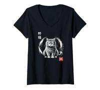 Women's Wild Cat Neko Japanese Zen Circle with Cat V-Neck T-Shirt