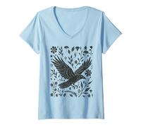Women's Wild Crow Linocut Nature Lino Print Folklore Art Forestcore V-Neck T-Shirt