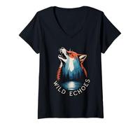 Womens Wild Echoes Howling Wolf Forest Reflection V-Neck T-Shirt