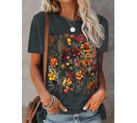 Women's Wild Floral Print Crew Neck Short Sleeve Casual Tee | Autumn botanical wildflower graphic, relaxed loose cut, matches denim for everyday casual street styling