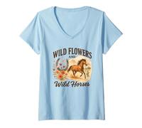 Womens Wild Flowers and Wild Horses Western Watercolor Graphic V-Neck T-Shirt