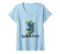 Women's Wild & Free Watercolor Blueberry Cluster Fruit Illustration V-Neck T-Shirt