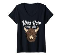 Womens Wild Hair Don't Care Funny Scottish Highland Cow V-Neck T-Shirt