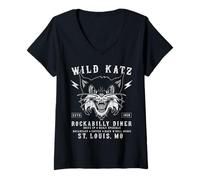 Womens Wild Katz, Rockabilly Diner, 1950s, Rock n Roll, Vintage V-Neck T-Shirt