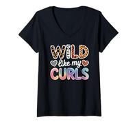 Women's Wild Like My Curls Curly Haired Colorful Animals Leopard V-Neck T-Shirt