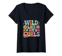 Women's Wild Like My Curls Curly Haired Retro Vintage Floral V-Neck T-Shirt